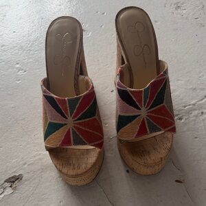 Jessica Simpson size 8.5m Multicolor Woven Cork Wedge Slides Womens Trendy